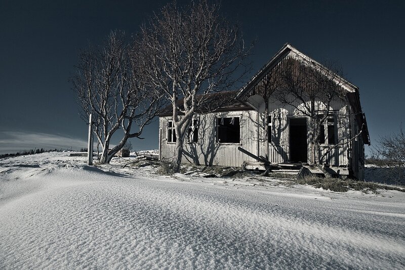 Abandoned House in Snow — White, Desolate, Winter, Photograph, Trees
