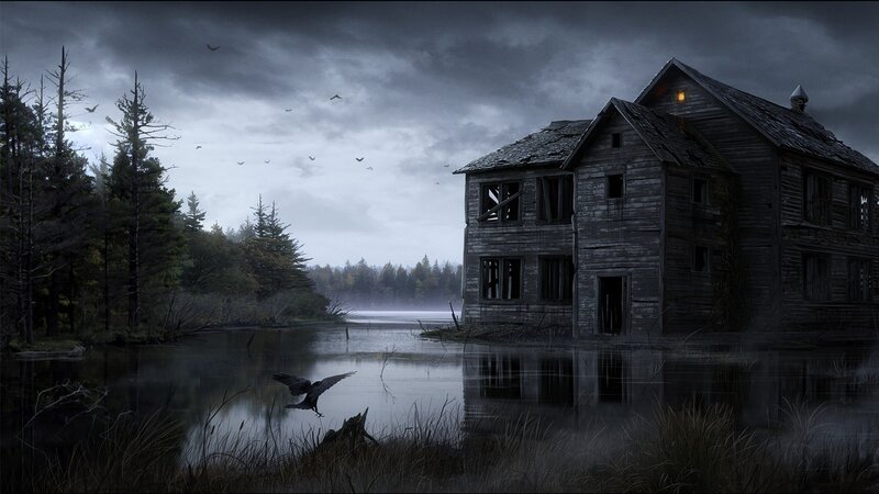 Abandoned House in Water — Gray, Dreary, Night