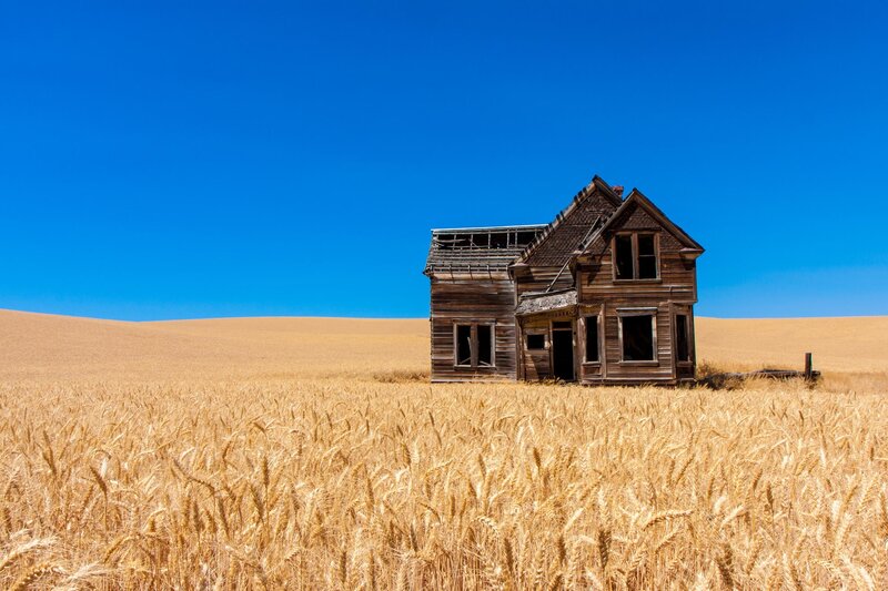 Abandoned House in Wheat Field — Blue