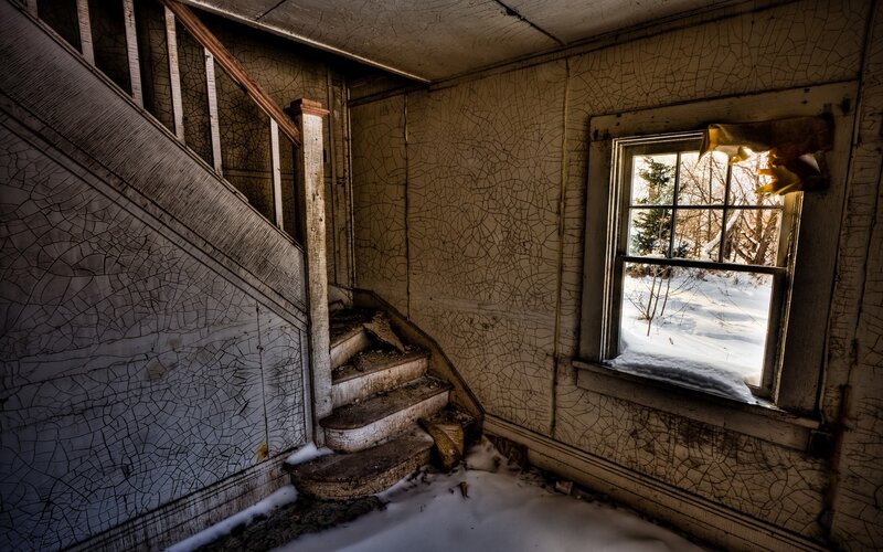 Abandoned House Interior — White, Desolate, Winter, Photograph, Stairs, Window, Snow