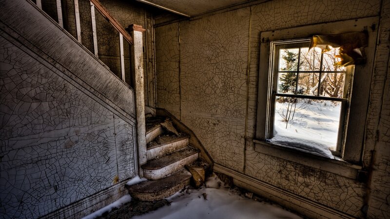 Abandoned House Interior — White, Desolate, Winter, Photograph, Stairs, Window