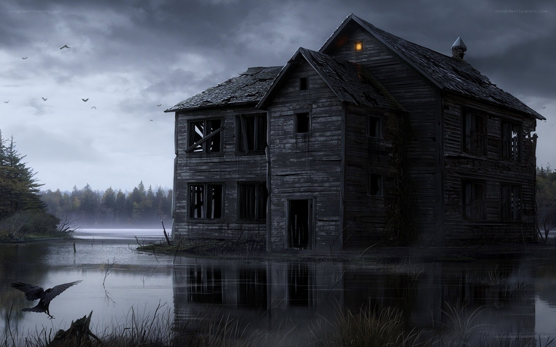 abandoned house on a lake