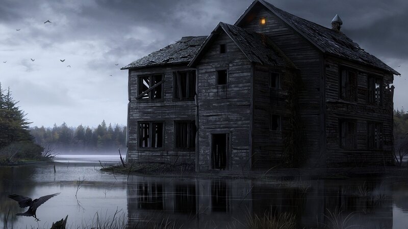 abandoned house on a lake