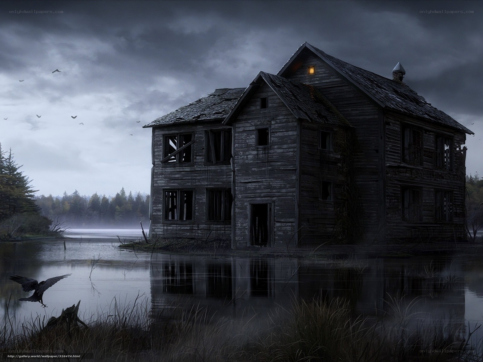 abandoned house on a lake