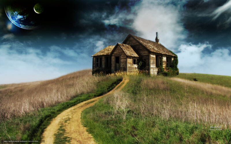 Abandoned House on Hill — Green, Dramatic, Night, Digital Art