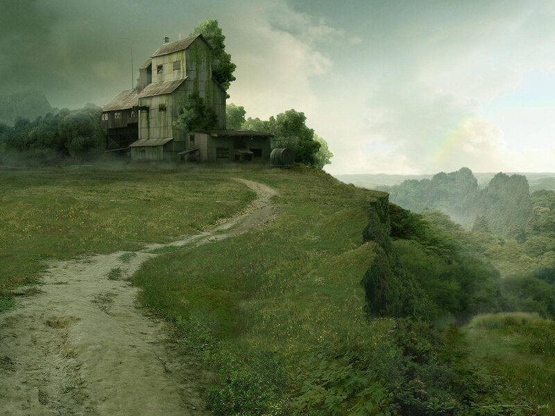 Abandoned House on Hill — Green, Dreary, Morning