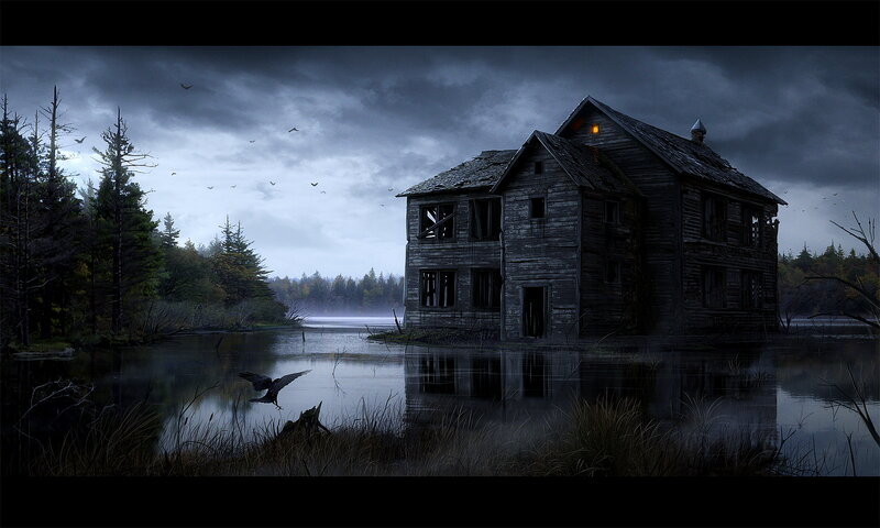 Abandoned House on Lake — Dark Gray