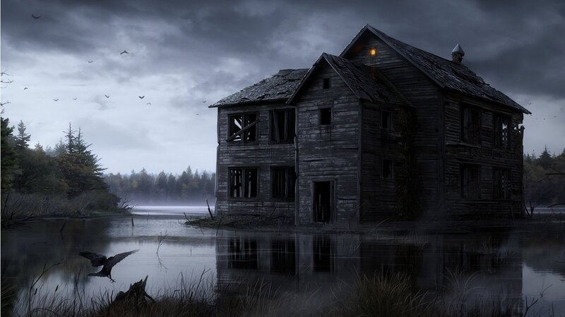Abandoned House on Lake — Gray