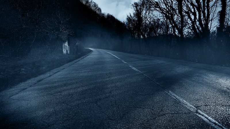 Abandoned House on Road — Blue