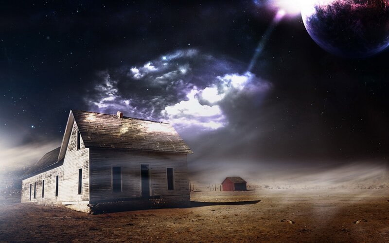 Abandoned house under alien sky