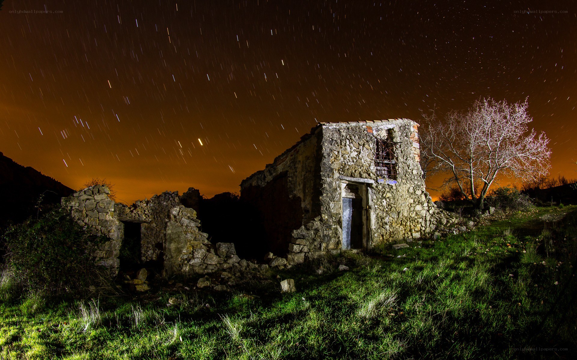 Abandoned house under starry sky