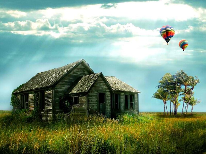 Abandoned house with hot air balloons