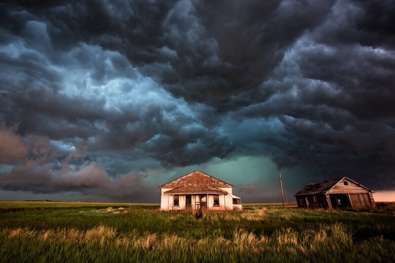 Abandoned Houses in Field — Green