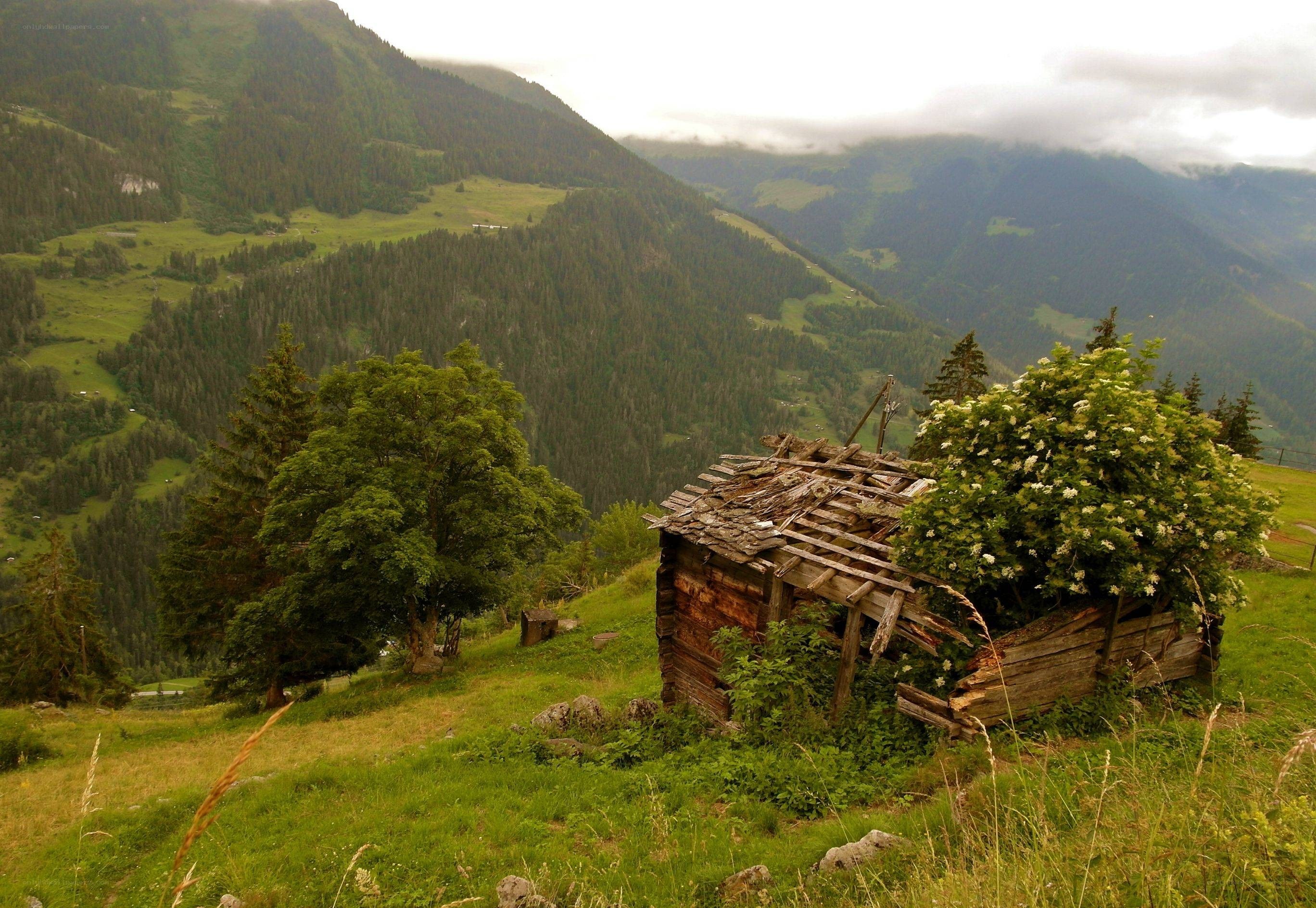 Abandoned hut in mountain valley