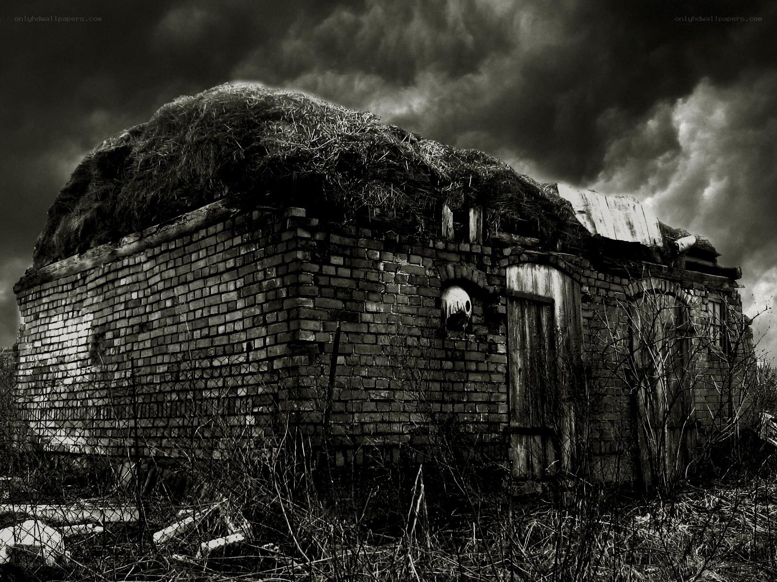 Abandoned hut under stormy sky