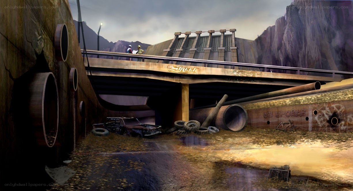 abandoned industrial bridge scene
