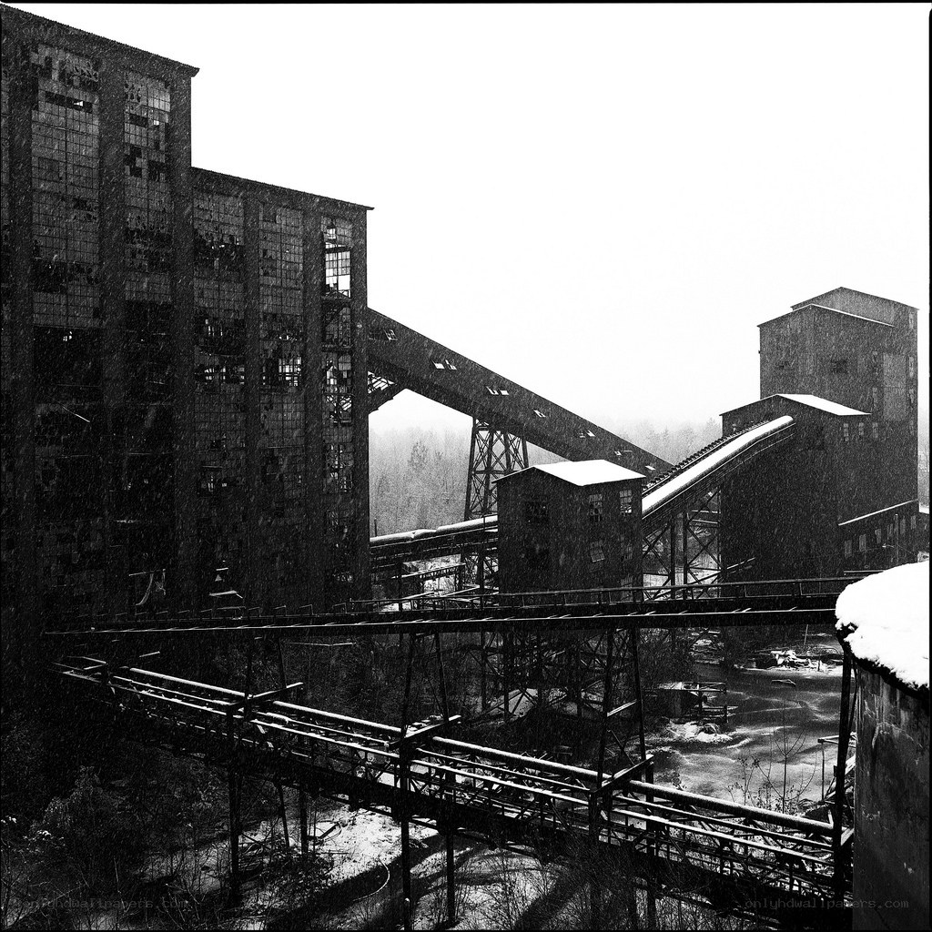 Abandoned industrial complex in snow