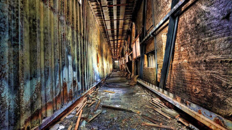 Abandoned Industrial Corridor — Brown, Dramatic