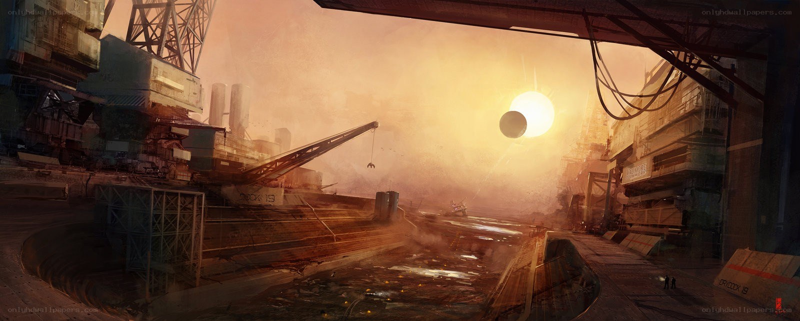 Abandoned industrial dock at sunset