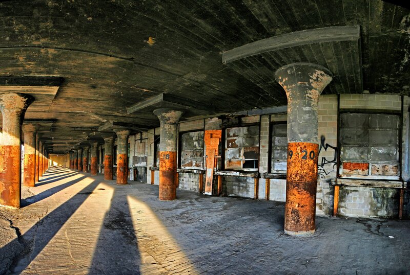 Abandoned Industrial Hall — Gray, Dramatic
