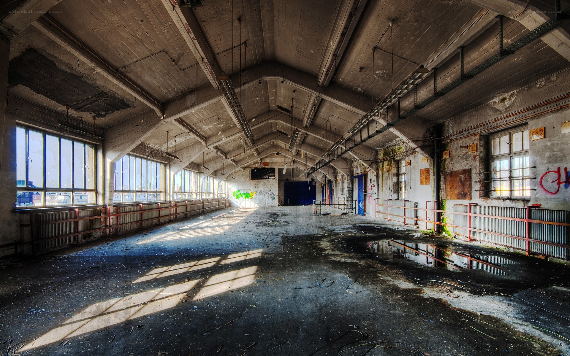 Abandoned industrial hall interior