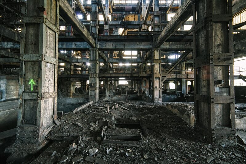 Abandoned Industrial Interior — Gray, Dramatic, Photograph