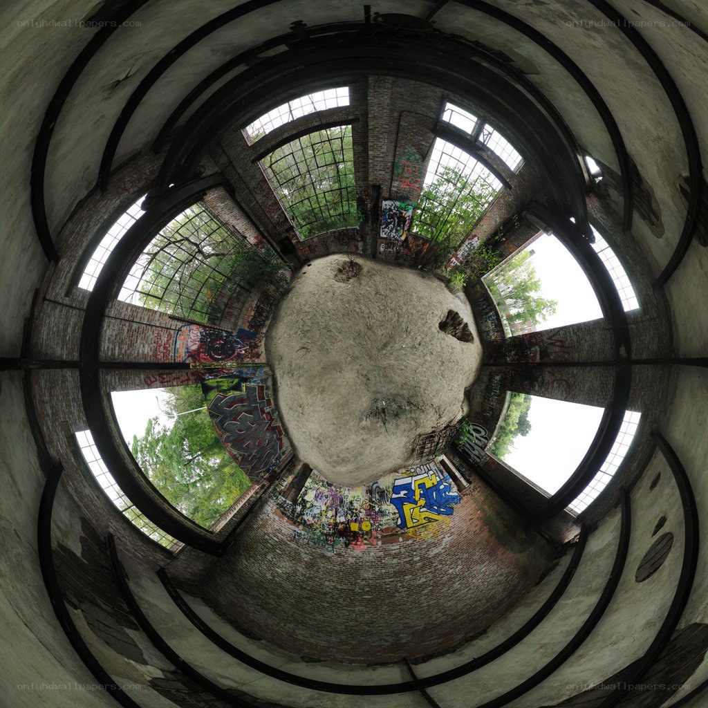abandoned industrial interior with graffiti