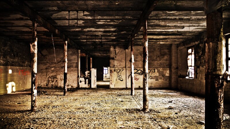Abandoned Industrial Room — Brown, Dramatic, Photograph, Graffiti