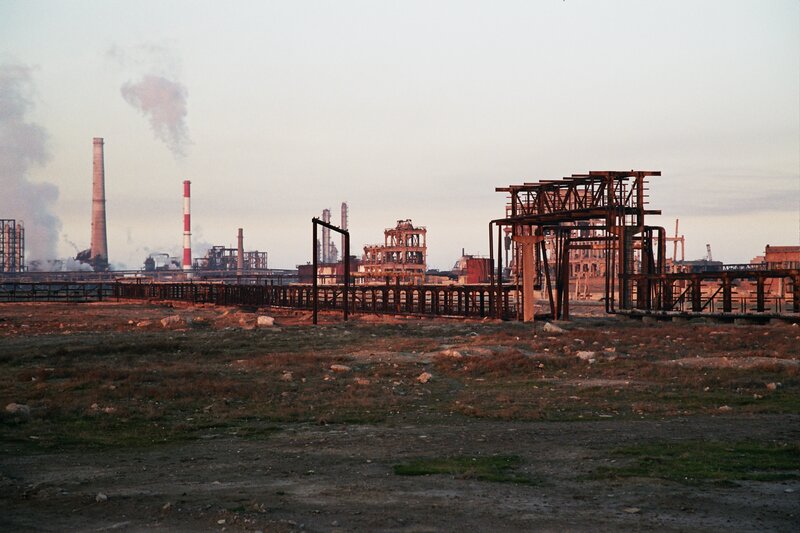 Abandoned industrial site at dusk