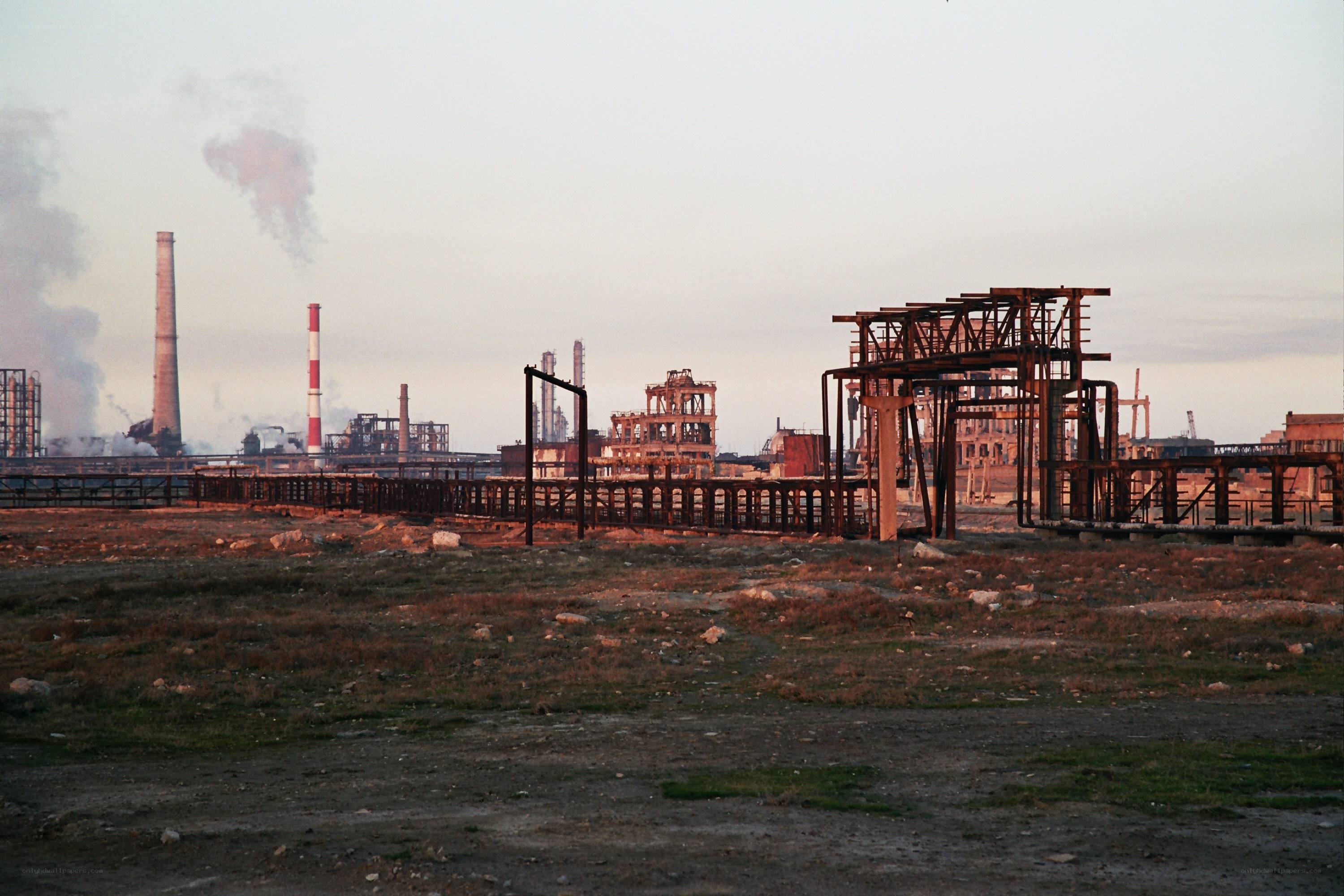 Abandoned industrial site at dusk