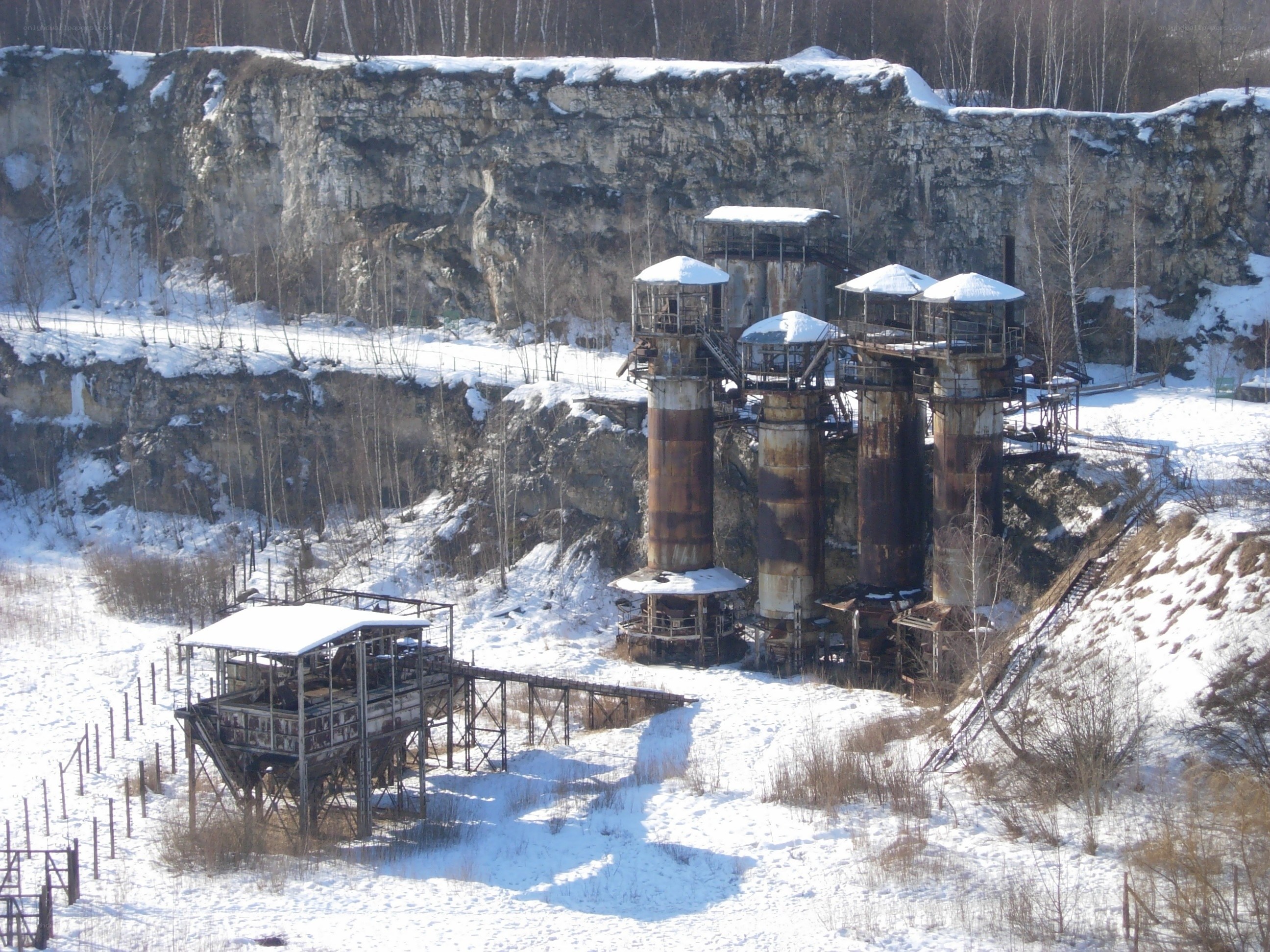 Abandoned industrial site in winter