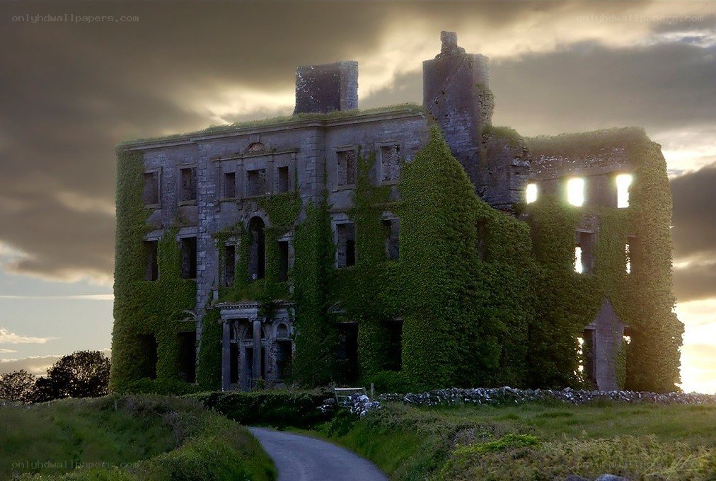 abandoned ivy-covered mansion