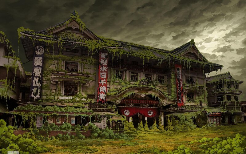 Abandoned Japanese Building — Green, Dramatic, Night