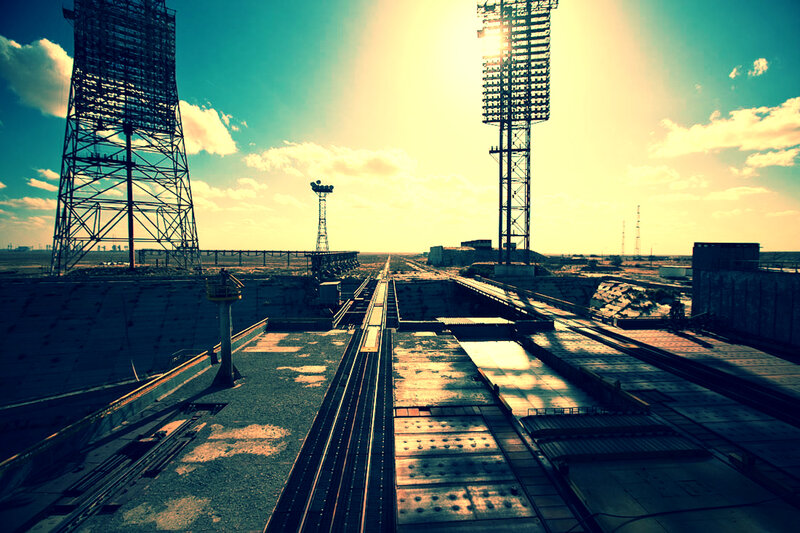 Abandoned launch site at sunset