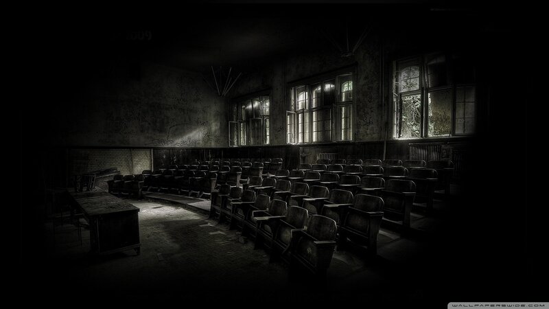 Abandoned Lecture Hall — Black, Dark, Night, Photograph, Chairs