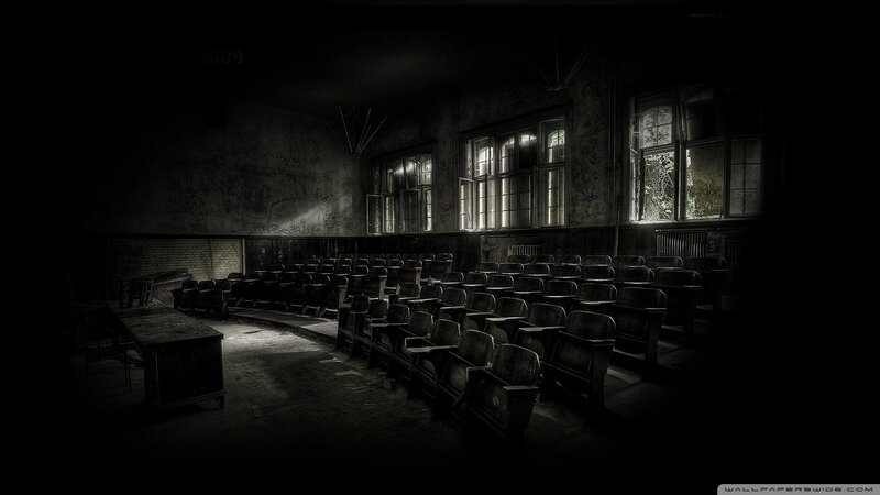 Abandoned Lecture Hall — Black, Dark, Night, Photograph, Chairs, Windows
