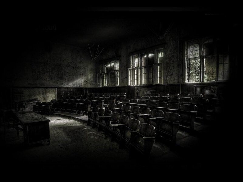 Abandoned Lecture Hall — Black, Dramatic, Night