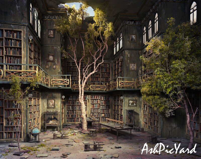 Abandoned Library with Trees — Green, Dramatic