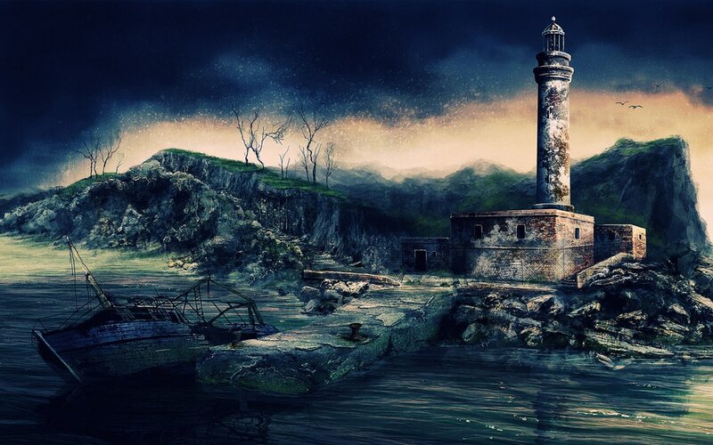 abandoned lighthouse at dusk