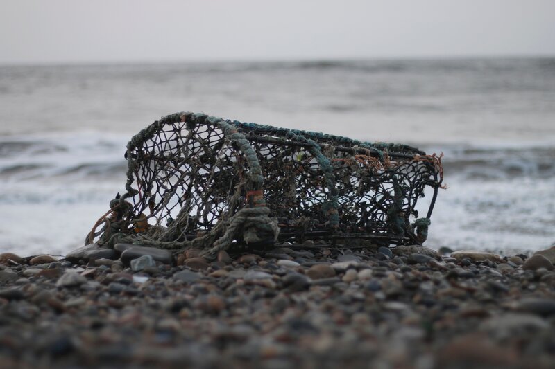 Abandoned lobster trap on beach