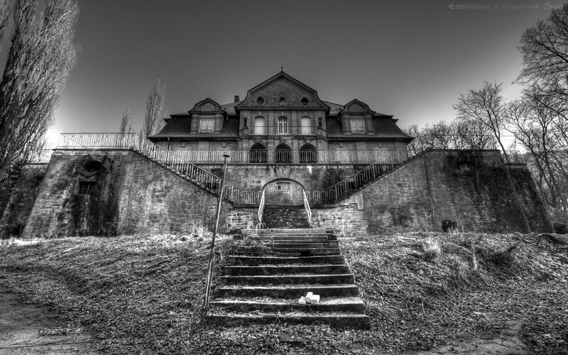 Abandoned mansion in black and white