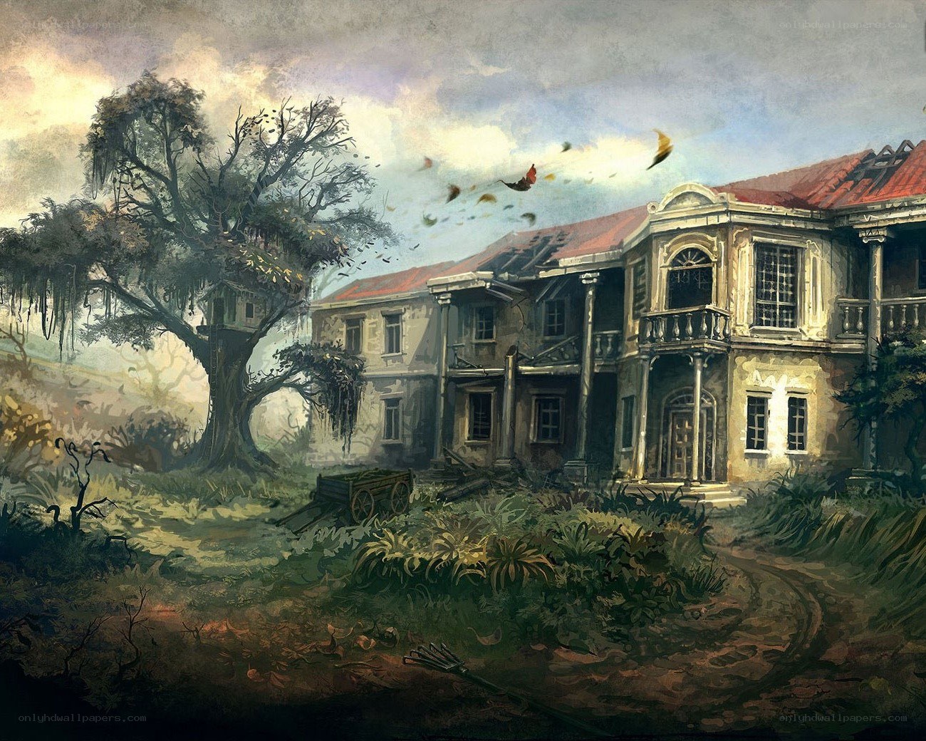 Abandoned mansion in overgrown landscape