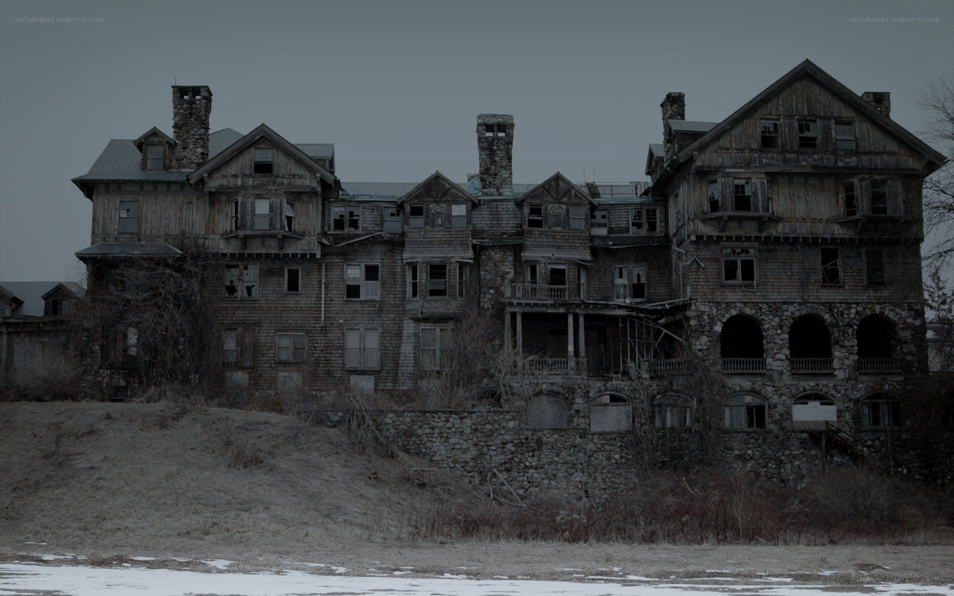 abandoned mansion in winter