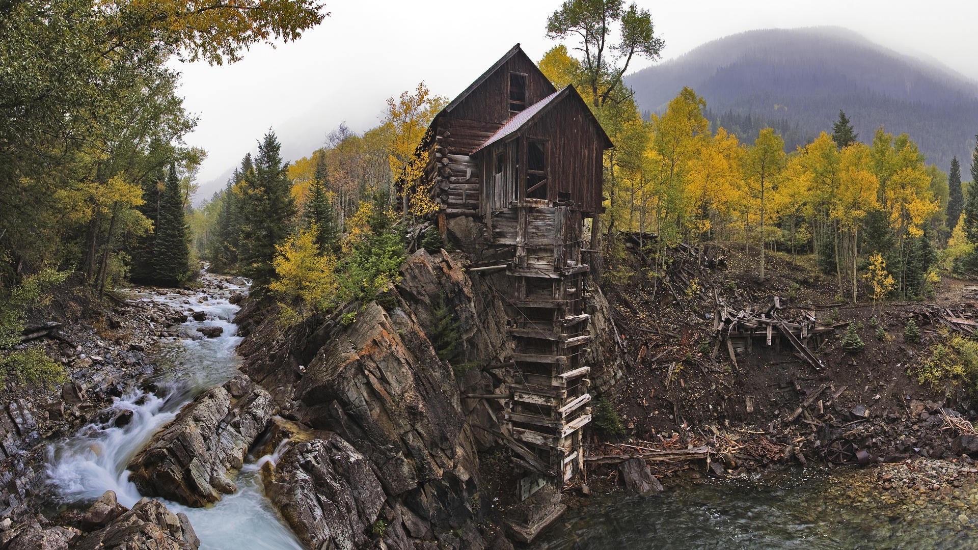 Abandoned mill by a river