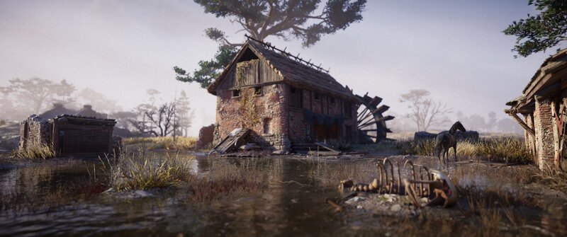 Abandoned Mill by River — Brown