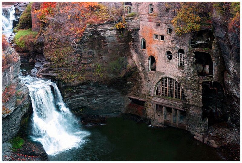 Abandoned Mill by Waterfall — Gray
