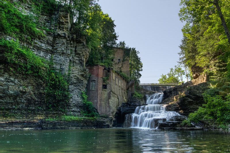 Abandoned Mill by Waterfall — Green