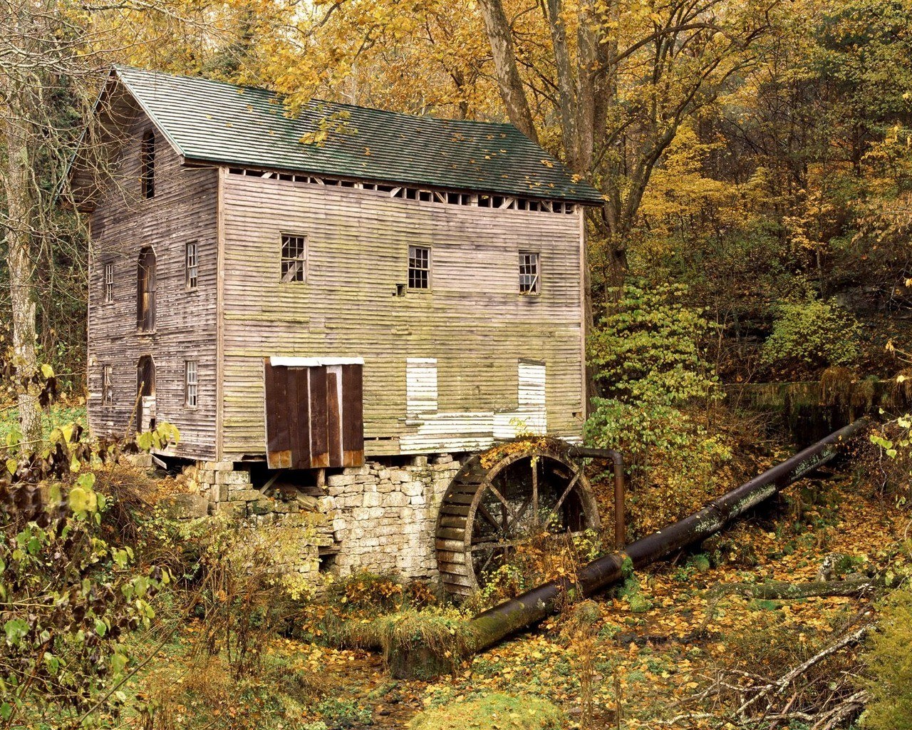 Abandoned mill in autumn forest