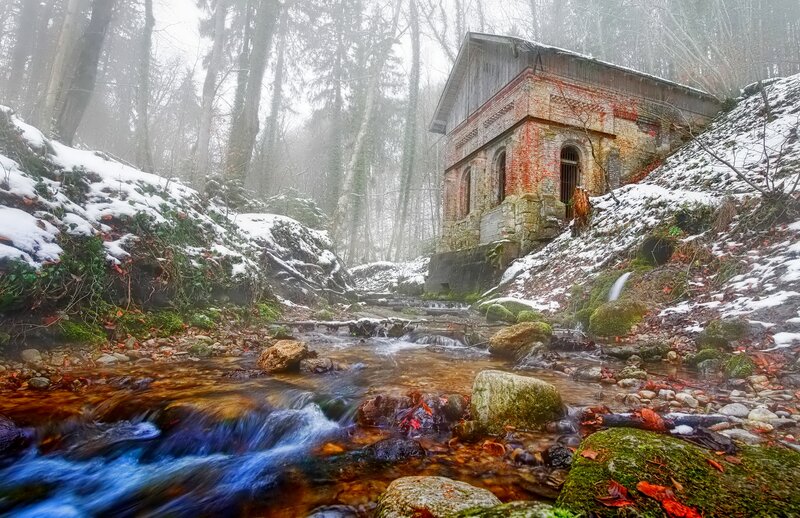 Abandoned Mill in Forest — Blue