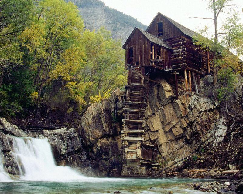 Abandoned Mill on Cliff — Brown, Serene, Autumn, Photograph, River, Trees, Mountain